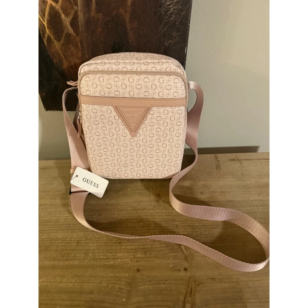 Guess Women Blush Pink Logo Print Crossbody Bag Adjustable Strap New